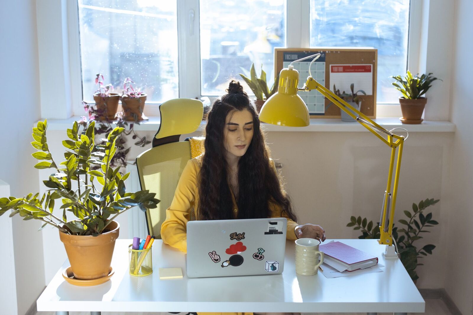 Woman working at a laptop in a sunny home office with plants